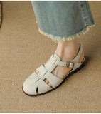 KYLETHOMASW  -  Sandals Women Low Thick Heel Genuine Leather Hook and Loop Back Strap Casual Sandals Summer Solid Color Shoes Fashion New