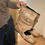 KYLETHOMASW  -  Brand New Women 2‑in‑1 Convertible Ankle Boots Square Toe Vintage Buckle Strap Detachable Cuff Multi‑Wear Cowboy Boots