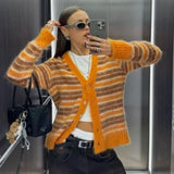 KYLETHOMASW  -  Striped Fuzzy Mohair V-Neck Knit Cardigan Oversize Button Front 2025 Autumn New Chic Casual Women Coat Fashion Cozy Lady Sweater