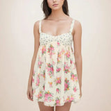 KYLETHOMASW  -  Holiday Contrast color Floral Print Sling Mini Dress Patchwork Chest Push Up Back Backless Short Tank Dresses Woman Robe Beach