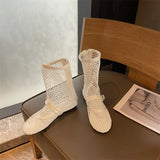 KYLETHOMASW  -  Woman Summer Ankle Boots Burgundy Mesh Flat Shoes Porosity Round Toe Low Heels Ladies Shoes White Flats Size 43 Botas Feminino