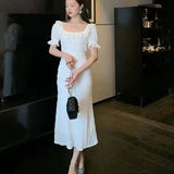 KYLETHOMASW  -  Fairy Beach Dress Women Lace Square Collar Belt Waist Slim Fit Folds Long Dresses Summer Puff Sleeve Elegant Vestidos