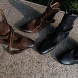 KYLETHOMASW  -  Genuine Leather Butterfly Knot Wrapped Strap Short Ankle Boots Women Polished Color Distressed Flat Bottomed Bare Shoes Female