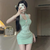 KYLETHOMASW  -  Sexy Halter Patchwork Lace Mini Dress Women 2025 Summer Sleeveless High Waist Folds Slim Fit Hip Evening Party Dresses