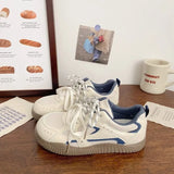 KYLETHOMASW  -  Korean Style Women Mesh Panel Skate Shoes Off White Navy Blue StitchingVintage Rubber Outsole Double Laces Daily Casual Sneakers
