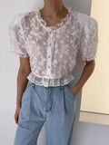 KYLETHOMASW  -  Retro Style Three-dimensional Lace Short Shirt Women Summer New Design Niche Bubble Sleeve Elegant Top