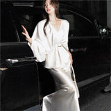 KYLETHOMASW  -  Autumn New Elegant Satin Two-piece Dress Set Women Wedding Evening Party Dress V-neck Top Slip Mermaid Dress Prom Robe Outfits