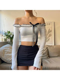 Kylethomasw  -  Woman Knit T-Shirts Slash Neck Tees Patchwork Crop Top Draped Crochet Cozy Simple Top Chic Kawaii Sexy Ins Gyaru Aesthetics