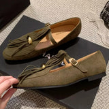 KYLETHOMASW  -  Luxury Metal Decoration Tassel Design Flats Women Comfortable Faux Suede Soft Sole Loafers Retro T Strap Buckle Mary Jane Shoes