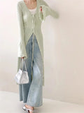 KYLETHOMASW  -  Spring Elegant Green V-Neck Long Knit Cardigan Women's Flared Sleeve Lace-Up Sweater Coat OL Crochet Hollow Out Outerwears 208A
