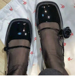 KYLETHOMASW  -  rose flower patent leather shoes woman brand designer sqaure toe pumps female thick heel button strap mary janes talons hauts