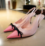 KYLETHOMASW  -  Fashion Color Blocking Design Elegant Women's Leather Pointed-Toe Slingback Stilettos High Heels Black Patent Bow Accent