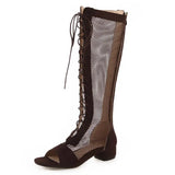 KYLETHOMASW  -  2025 Women Sandals Block Heels 3cm Zipper Lace Up Flock Suede Breathable Mesh 41 42 43 Fashion Summer Knee High Bota