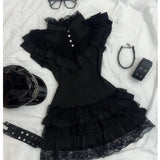 KYLETHOMASW  -  Goth 2Piece Set Y2k Slim Lace Sweet Womens Dresses Short Sleeve Button Party Dress Harajuku 90s Emo Grunge Summer Lolita Suit