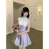 KYLETHOMASW  -  Womens Sweet Plaid Lace Trim Dress With Ruffle Collar And Waist Cinched Design