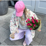 KYLETHOMASW  -  Casual Lamb's Wool Patchwork Women Coat Print 3d Flower Pocket Long Sleeve Zippers Female Jacket 2025 Autumn Winter Lady Outwear