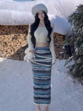 KYLETHOMASW  -  Autumn Winter Chic Knitted Womens Two Pieces Set Cropped Pullover Top High Waist Striped Bodycon Long Skirt Suit Casual Clothing