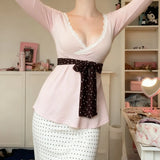 KYLETHOMASW  -  French Sweet Lace Patchwork Polka Dot Bow Slim V Neck Long Sleeve Solid T-Shirts