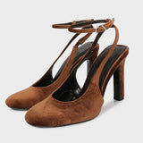 KYLETHOMASW  -  Retro Brown Faux Suede High Heels Women Fashion Round Toe Ankle Strap Buckle Brand Designer Shoes Elegant Banquet Dress Shoes