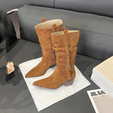 KYLETHOMASW  -  Fashion Faux Suede Rivet Strap Buckle Women Mid-calf Boots Autumn Winter Retro Chunky High heels Western Cowboy Punk Booties