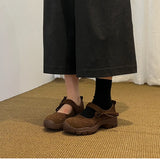 KYLETHOMASW  -  Matte Leather Mary Jane Sports Casual Shoes Women Thick Bottom Strap Brown Simple Laced Low Cut Single Shoes Leisure Footwear