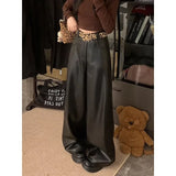 Kylethomasw Streetwear Solid Color All-match Leather Wide Leg Pants Women Winter New High Waist Leopard Belt Loose Casual Pants