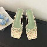 KYLETHOMASW  -  Fashion Shallow Women Thin Heel Slippers Slides Square Toe Ladies Medium Heel Slippers Sandals Shoes Female Flip flops Pumps