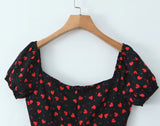 KYLETHOMASW  -  French Retro Black Print Bow Square Collar Short Elastic Puff Dress Women Zipper Back Slim Waist Slit Hem Mini Dresses Robe Blue