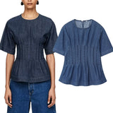 KYLETHOMASW  -  Nordic Minimalist Fashion Washed Distressed Denim Shirt Round Neck Short Sleeve Blouse Women Pullover Top