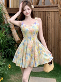 KYLETHOMASW  -  New Floral Chic Bow Square Collar Sling Short Dress Women Elegant Casual A-Line Dress Summer Korean Bodycon Kawaii Dresses