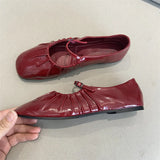 KYLETHOMASW  -  Pleated Mary Janes Flats Shoes Women Square Toe Pu Leather Comfortable Elegant Red Shoes Ladies Shallow Black Ballet Flats New