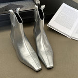 KYLETHOMASW  -  Designer Brand Genuine Leather Insole Height-increasing Boots with Zipper At The Back Silver Fashionable Ankle Boots for Women
