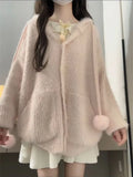 KYLETHOMASW  -   Sweater Women Sweet Furry Hooded Long Sleeve Loose Stretch Single Breasted Pockets Ball Drawstring Knitted Cardigan