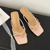 KYLETHOMASW  -  Fashion Shallow Women Thin Heel Slippers Slides Square Toe Ladies Medium Heel Slippers Sandals Shoes Female Flip flops Pumps