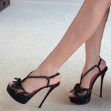 KYLETHOMASW  -  New summer lace mesh fish mouth rivet bow waterproof platform sandals thin heels high heels party dress versatile women's shoes