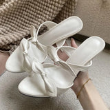 KYLETHOMASW  -  Fashion Women Pink Bow Knot High Heel Mules Open Toe Patent Leather Slip On Sandals Thin Heel Summer Party Dress Shoes