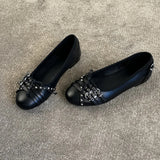 KYLETHOMASW  -  New Women's Shallow Mouth Single Shoes Block Studded Ballet Flats Lace Up Bow Round Toe Slip on Punk Casual Daily Flat Shoes