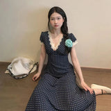 KYLETHOMASW  -  French Retro Lace Patchwork Maxi Dress Polka Dot Sweet Slim Short Sleeve Dress V Neck Preppy Style Summer Beach Party Vestidos