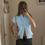 KYLETHOMASW  -  Solid Color Professional Women's Shirt Spring 2025 New V-Neck Pleated Girlish Age-Reducing Base Shirt Short Sleeve T-Shirt