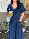 KYLETHOMASW  -  Women Dress Korean Chic Summer Retro Temperament V-neck Pleated Waist Slim Double Pocket Bubble Sleeve Denim Vestidos