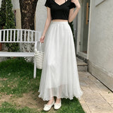 KYLETHOMASW  -  Mesh Skirts Women A-line Spring Summer Solid Sweet Versatile Long Skirt Korean Fashion High Waist Elegant Retro Faldas Mujer