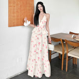 KYLETHOMASW  -  Flower Print 2 Piece Set Woman Halter Low-Neck Bow Decoration Tank Tops+Ruffles Long Skirts Beach Style Elegant Outfits