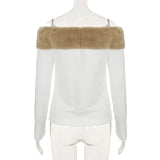 KYLETHOMASW  -  New fur spliced one neck slim embroidered T-shirt for sexy and slim women, backless sweatshirt