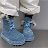 KYLETHOMASW  -  Women Blue Platform Snow Boots Faux Suede Curly Fur Lined Winter Lace Up Ankle Boots Thick Sole Warm Non Slip Fashion Boots