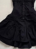 KYLETHOMASW  -  Gothic Vintage Black Lace 2-piece Set Women Lolita Lace Puff Sleeve Y2K Tops Female + High-waist Ruffle Short Kawaii Mini Skirt