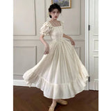 KYLETHOMASW  -  Elegant Women's Square Neck White Dress Summer French Fashion Bubble Sleeves with Ruffle Edge Women Unique Retro Long Dress New
