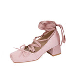 KYLETHOMASW  -  New Women's Coarse Heels Pink Cross Tie High Heels girl Ballet Shoes Elegant Silk Lolita Single Shoes
