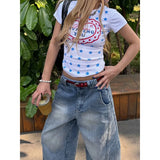 KYLETHOMASW  -  Women High-Waisted Washed Wide-Leg Denim Shorts Blue Gothic Y2K Harajuku Style Retro 2000s Jean Seven-Foot Clothes Summer