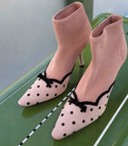 KYLETHOMASW  -  Elegant Pink Knit Sock Ankle Boots Black Polka Dot Print Mini Bow Decor Thin Stiletto Heel Boots Retro Sweet Style Fashion Shoes