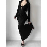 KYLETHOMASW  -  Gothic Black Sexy Party Dress Waisted Fishtail Skirt Long Sleeves Hollow Hip-covering Long Skirt
